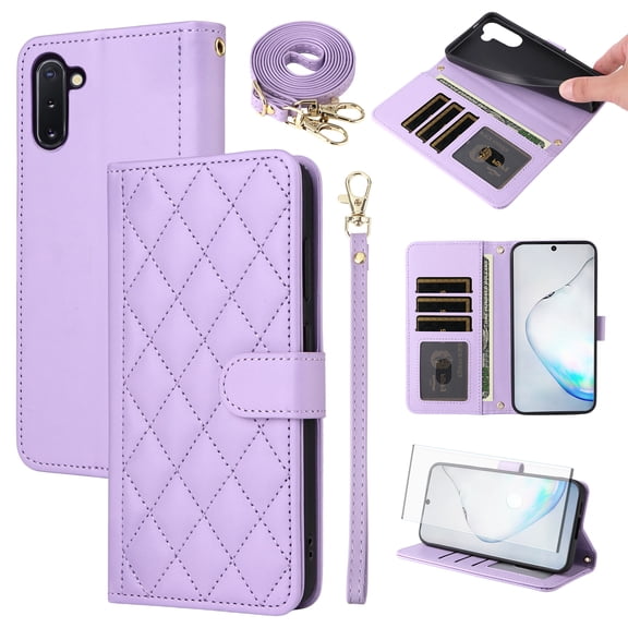 Furiet Argyle Wallet Case for Samsung Galaxy Note 10 5G with Tempered Glass Screen Protector Wrist Strap Shoulder Strap, Card Slot PU Leather Stand Phone Cover for Note10 Notes 10s Ten Not S10 Purple