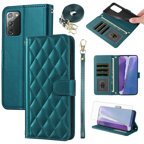 Furiet Argyle Wallet Case for Samsung Galaxy Note 20 5G with Tempered Glass Screen Protector Wrist Strap Shoulder Strap, Card Slots Stand Phone Cover for Note20 Notes 20s Twenty Not S20 Women Green