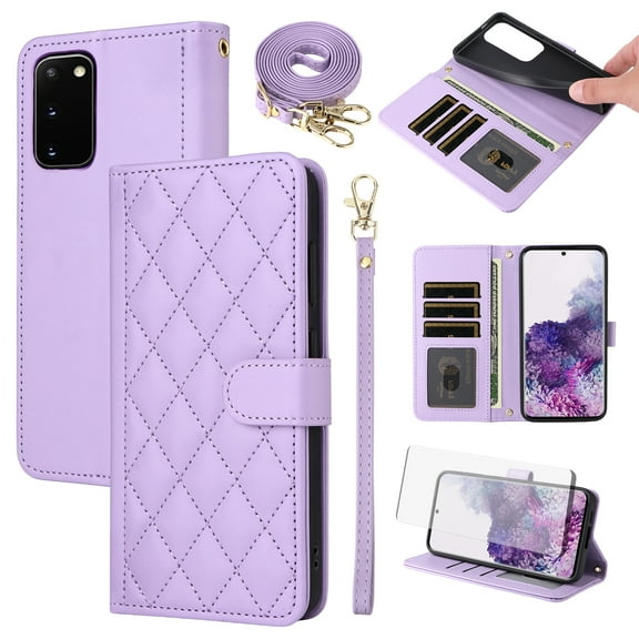 Furiet Argyle Wallet Case for Samsung Galaxy S20 5G 6.2 inch with Tempered Glass Screen Protector Wrist Strap Shoulder Strap, Card Slots Stand Phone Cover for S 20 20S UW S2O G5 Women Men Purple