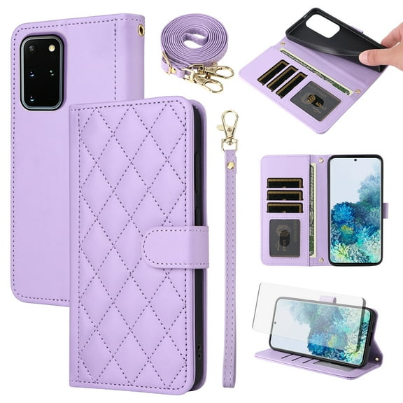 Furiet Argyle Wallet Case for Samsung Galaxy S20 Plus S20  5G with Tempered Glass Screen Wrist Strap Shoulder Strap, Card Slots Stand Phone Cover for S20 5G S20plus 20S   S2O S 20 20  G5 Purple
