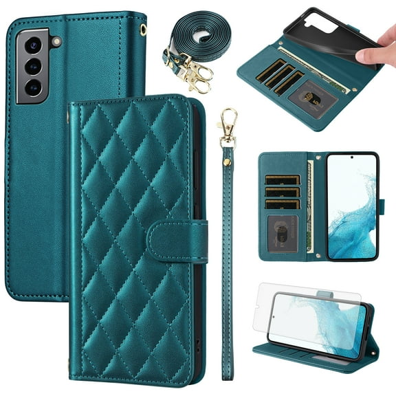 Furiet Argyle Wallet Case for Samsung Galaxy S21 FE 5G with Tempered Glass Screen Protector Wrist Strap Shoulder Strap, Card Slots Stand Phone Cover for S 21 EF S21FE5G UW S21FE 21S G5 6.4 inch Green