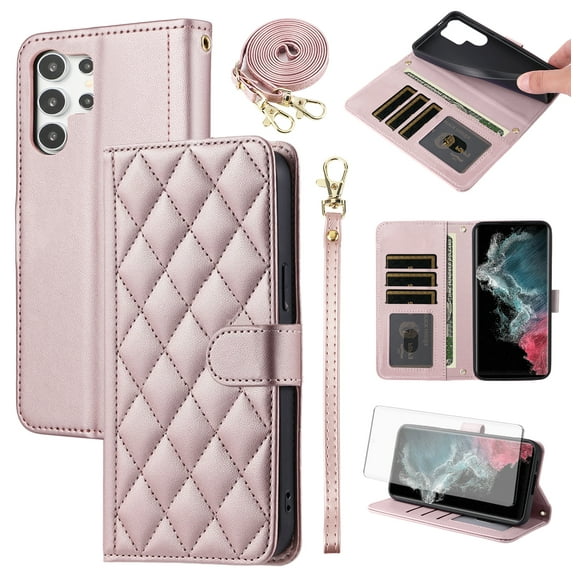 Furiet Argyle Wallet Case for Samsung Galaxy S21 Ultra 5G with Tempered Glass Screen Protector Wrist Strap Shoulder Strap Card Slots Stand Phone Cover for S21ultra 21S S 21 21ultra G5 Women Rose Gold