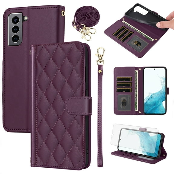 Furiet Argyle Wallet Case for Samsung Galaxy S22 Plus S22+ 5G with Tempered Glass Screen Protector Wrist/Shoulder Strap, Card Slots Stand Phone Cover for S22+5G S22plus 22S + S 22 22+ Deep Purple