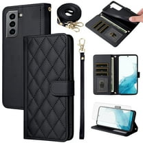 Furiet Argyle Wallet Case for Samsung Galaxy S22 Plus S22  5G with Tempered Glass Screen Protector Wrist Strap Shoulder Strap, Card Slots Stand Phone Cover for S22 5G S22plus 22S   S 22 22  Black