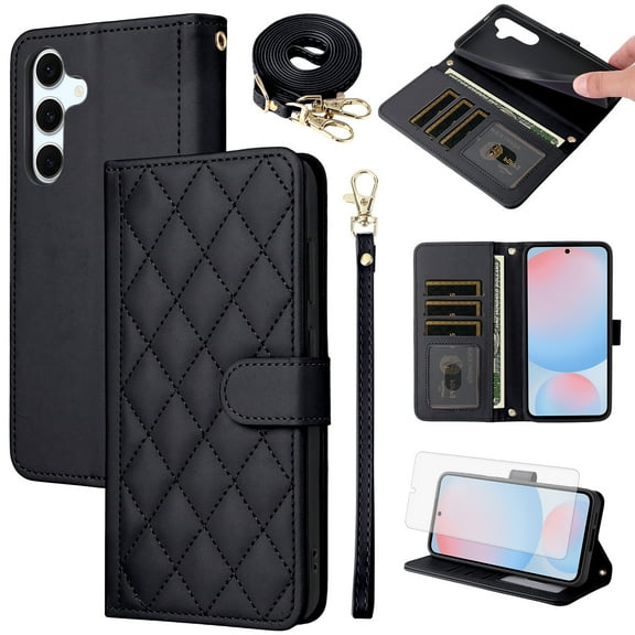Furiet Argyle Wallet Case for Samsung Galaxy S23 FE 5G with Tempered Glass Screen Protector Wrist/Shoulder Strap, Card Slot Luxury PU Leather Stand Phone Cover for S 23 EF S23FE 23S Women Men Black