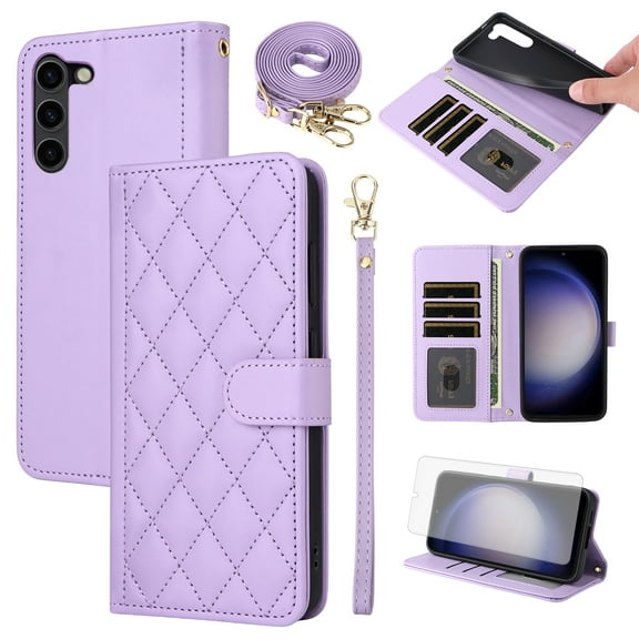 Furiet Argyle Wallet Case for Samsung Galaxy S23 Plus S23  5G with Tempered Glass Screen Protector Wrist/Shoulder Strap, Card Slots Phone Cover for S23plus 23S   S 23 23  SM-S916U 6.6 inch Purple