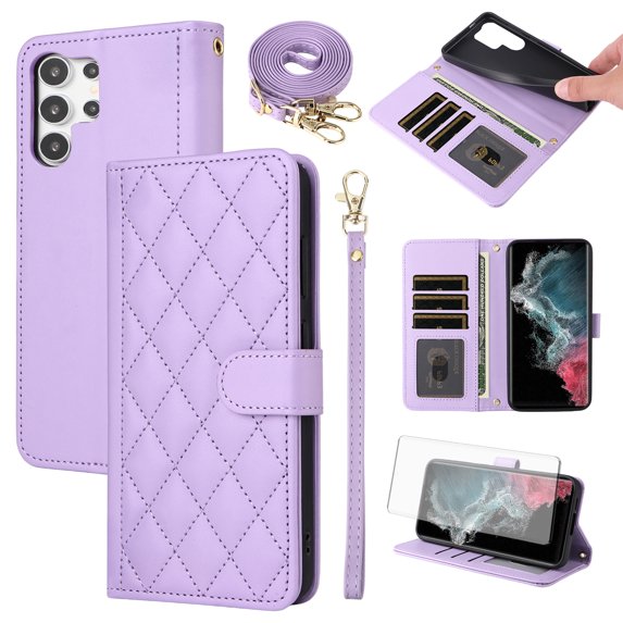 Furiet Argyle Wallet Case for Samsung Galaxy S23 Ultra 5G with Tempered Glass Screen Protector Wrist Strap Shoulder Strap, Card Slots Stand Phone Cover for S23Ultra 23S S 23 23Ultra 6.8 inch Purple