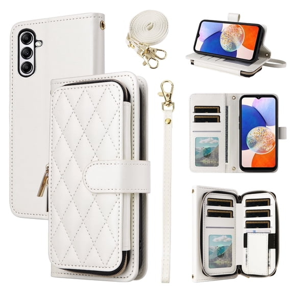 Furiet Argyle Wallet Case for Samsung Galaxy S24 FE 5G with Wrist Strap Shoulder Strap, Card Slots Zipper Purse Luxury PU Leather Stand Checkered Cell Phone Cover for S 24 EF S24FE 24S White