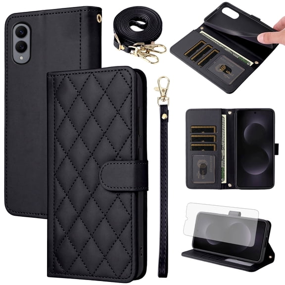 Furiet Argyle Wallet Case for Samsung Galaxy S25 Edge 5G with Tempered Glass Screen Protector Wrist/Shoulder Strap, Card Slots Stand Phone Cover for S25Edge 25S S 25 25Edge 6.66 2025 Women Men Black