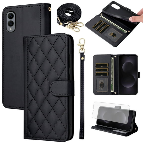 Furiet Argyle Wallet Case for Samsung Galaxy S25 Edge 5G with Tempered Glass Screen Protector Wrist/Shoulder Strap, Card Slots Stand Phone Cover for S25Edge 25S S 25 25Edge 6.66 2025 Women Men Black