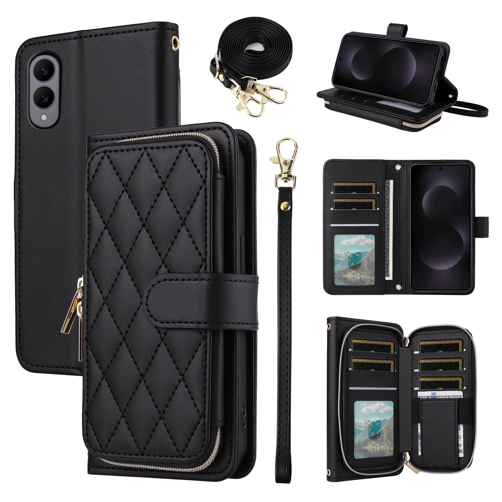 Furiet Argyle Wallet Case for Samsung Galaxy S25 Edge 5G with Wrist Strap Shoulder Strap, Card Slots Zipper Purse Luxury PU Leather Stand Phone Cover for S25Edge 25S S 25 25Edge 6.66 2025 Black