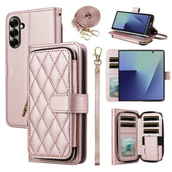 Furiet Argyle Wallet Case for Samsung Galaxy Z Fold 7 5G 2025 with Wrist/Shoulder Strap Card Slot Zipper Purse Luxury PU Leather Stand Cell Phone Cover for ZFold7 Z7 G Fold7 7Z Women Girls Rose Gold