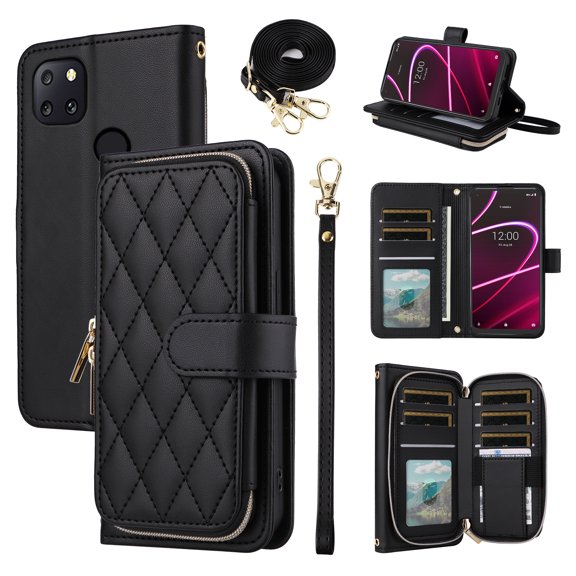 Furiet Argyle Wallet Case for T-Mobile Revvl 5G with Wrist/Shoulder Strap, Card Slot Zipper Purse Card Holder Stand Phone Cover for Tmobile Revvl5G T Mobile TCL Revel G5 T790W Women Girls Black