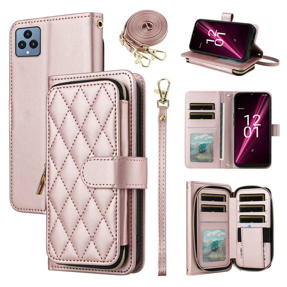 Furiet Argyle Wallet Case for T-Mobile Revvl 6/6X 5G with Wrist/Shoulder Strap Slots Zipper Purse Phone Cover for Tmobile Revvl6 X Revvl6X T Mobile Revvl6X5G Revel Tmo Revell Rebel TCL Rose Gold