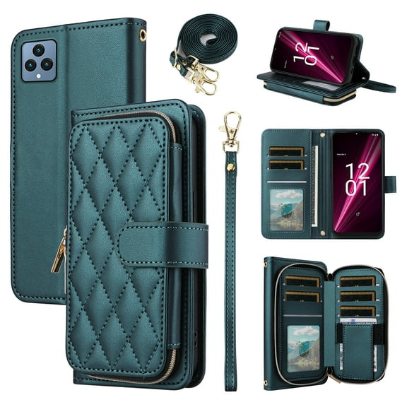 Furiet Argyle Wallet Case for T-Mobile Revvl 6/6X 5G with Wrist/Shoulder Strap Slots Zipper Purse Phone Cover for Tmobile Revvl6 X Revvl6X T Mobile Revvl6X5G Revel Tmo Revell Rebel TCL Green