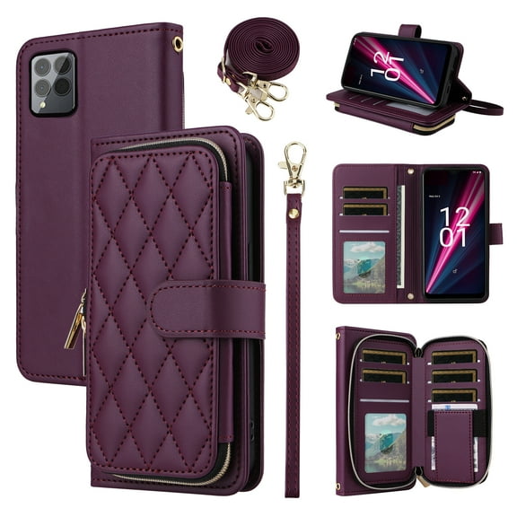Furiet Argyle Wallet Case for T-Mobile Revvl 6 Pro/6X Pro 5G with Wrist/Shoulder Strap, Card Slots Zipper Purse Stand Phone Cover for Tmobile Revel X Tmo Revell T Mobile Rebel TCL Women Deep Purple