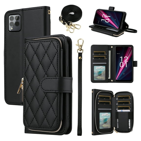 Furiet Argyle Wallet Case for T-Mobile Revvl 6 Pro/6X Pro 5G with Wrist/Shoulder Strap, Card Slots Zipper Purse Stand Phone Cover for Tmobile Revel X Tmo Revell T Mobile Rebel TCL Women Black