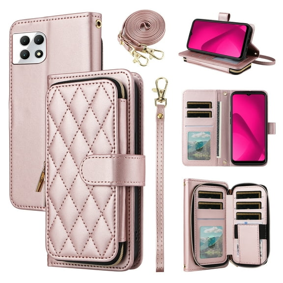 Furiet Argyle Wallet Case for T-Mobile Revvl 7 5G with Wrist/Shoulder Strap, Zipper Purse Card Holder Slot Stand Phone Cover for Tmobile Revvl7 T Mobile Revel Tmo Revell Rebel Women Girls Rose Gold