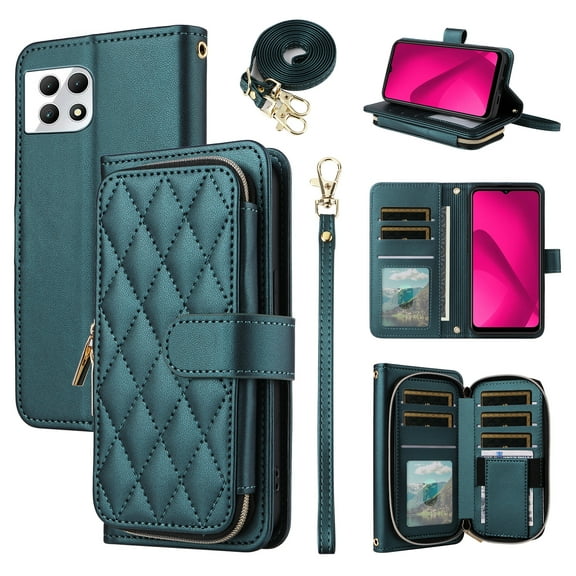 Furiet Argyle Wallet Case for T-Mobile Revvl 7 5G with Wrist/Shoulder Strap, Zipper Purse Card Holder Slot Stand Phone Cover for Tmobile Revvl7 T Mobile Revel Tmo Revell Rebel Women Girls Green