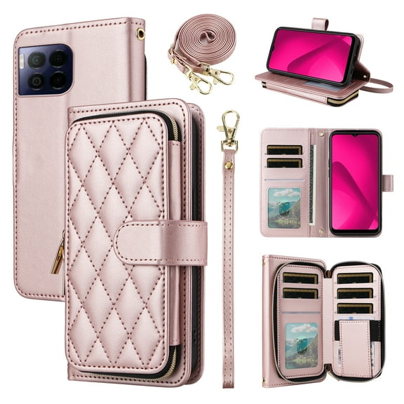 Furiet Argyle Wallet Case for T-Mobile Revvl 7 Pro 5G with Wrist/Shoulder Strap Slots Zipper Purse Card Holder Stand Phone Cover for Tmobile T Mobile Revel Tmo Revell Rebel Women Girls Rose Gold
