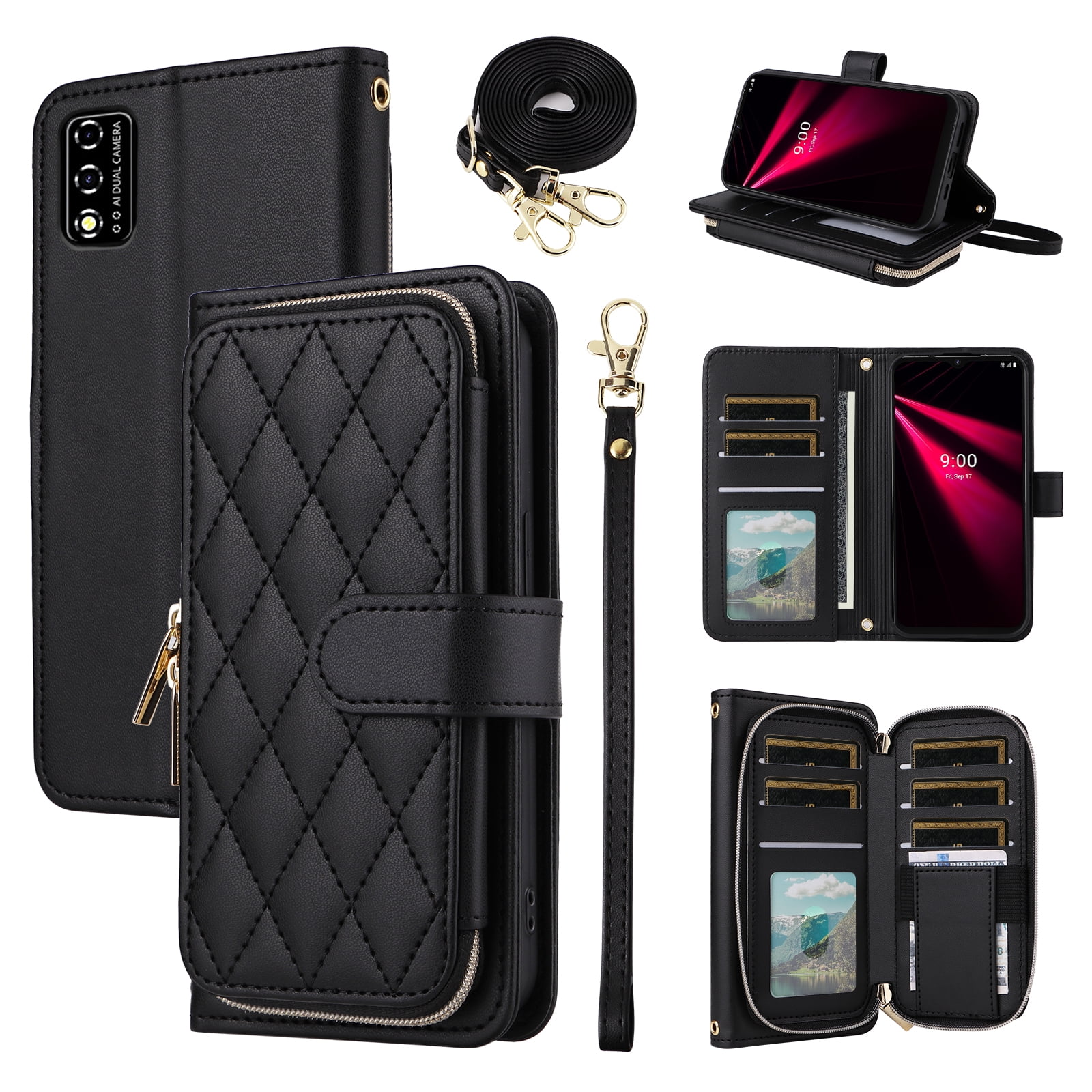 Furiet Argyle Wallet Case for T-Mobile Revvl V 4G with Wrist/Shoulder Strap, Card Slots Flip Zipper Purse Stand Cell Phone Cover for Tmobile T Mobile TMRVL4G LTE 2021 6.52" Women Girls Black