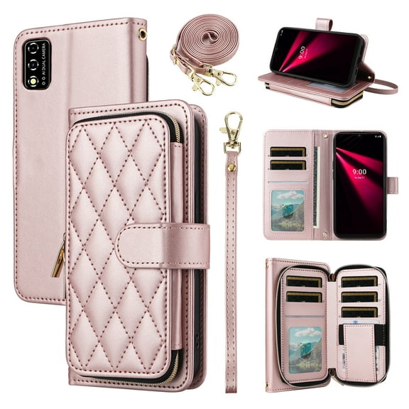 Furiet Argyle Wallet Case for T-Mobile Revvl V 4G with Wrist/Shoulder Strap, Card Slots Flip Zipper Purse Stand Cell Phone Cover for Tmobile T Mobile TMRVL4G LTE 2021 6.52" Women Girls Rose Gold
