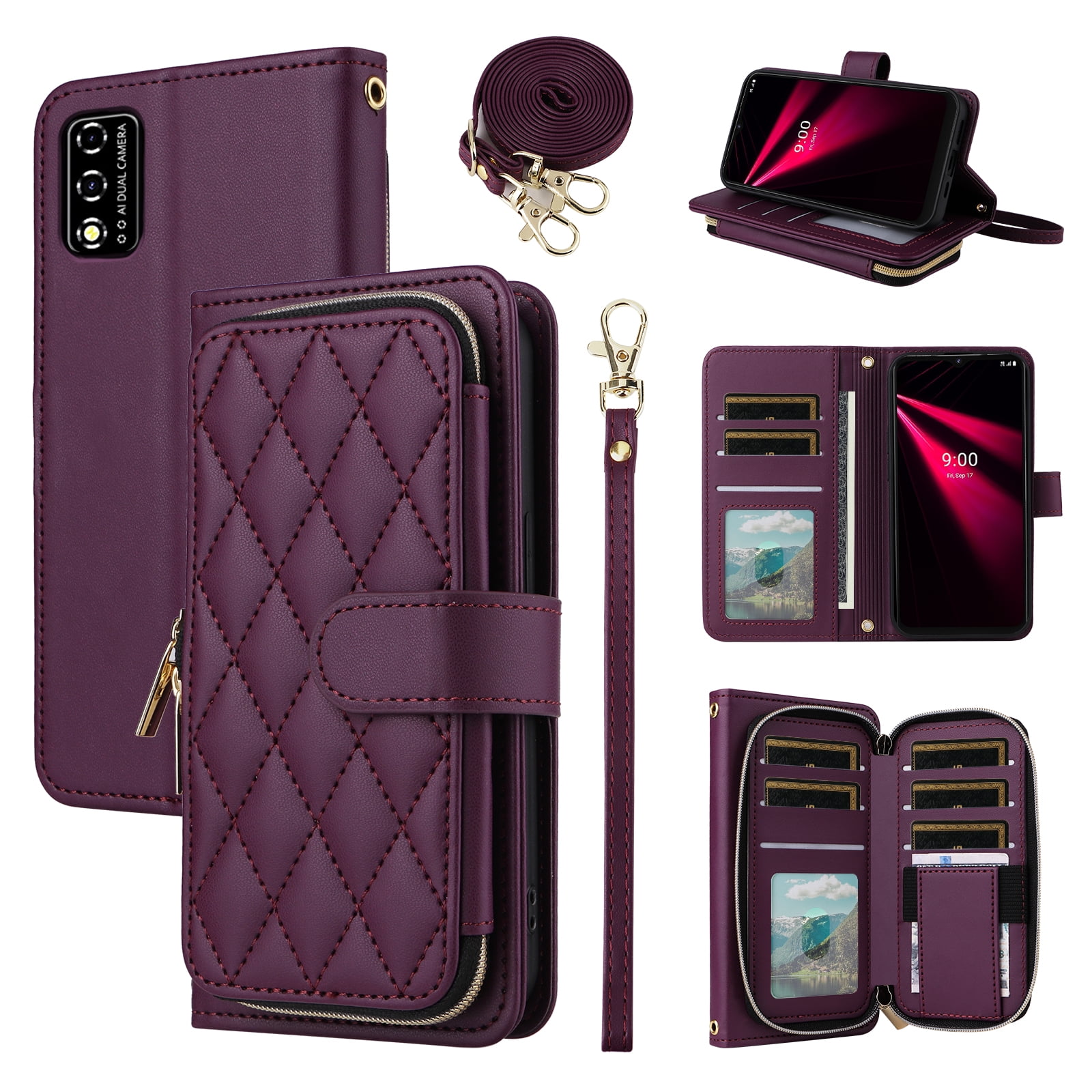 Furiet Argyle Wallet Case for T-Mobile Revvl V 4G with Wrist/Shoulder Strap, Card Slots Flip Zipper Purse Stand Cell Phone Cover for Tmobile T Mobile TMRVL4G LTE 2021 6.52" Women Girls Deep Purple