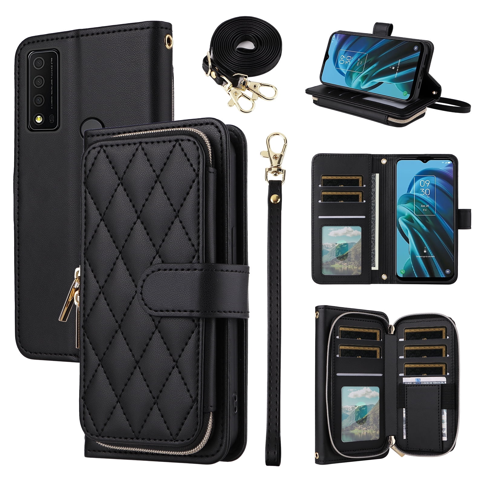 Furiet Argyle Wallet Case for TCL 30XE/30V/4X/20AX/20A/20R/Bremen 5G with Wrist/Shoulder Strap Slot Zipper Purse Card Holder Stand Phone Cover for TLC T601DL 30 XE XE5G V 20 AX R A 6.67 Black