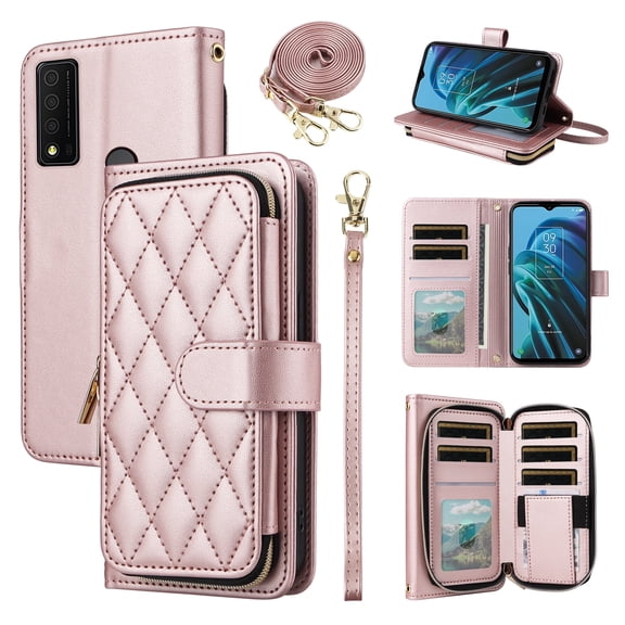 Furiet Argyle Wallet Case for TCL 30XE/30V/4X/20AX/20A/20R/Bremen 5G with Wrist/Shoulder Strap Slot Zipper Purse Card Holder Stand Phone Cover for TLC T601DL 30 XE XE5G V 20 AX R A 6.67 Rose Gold