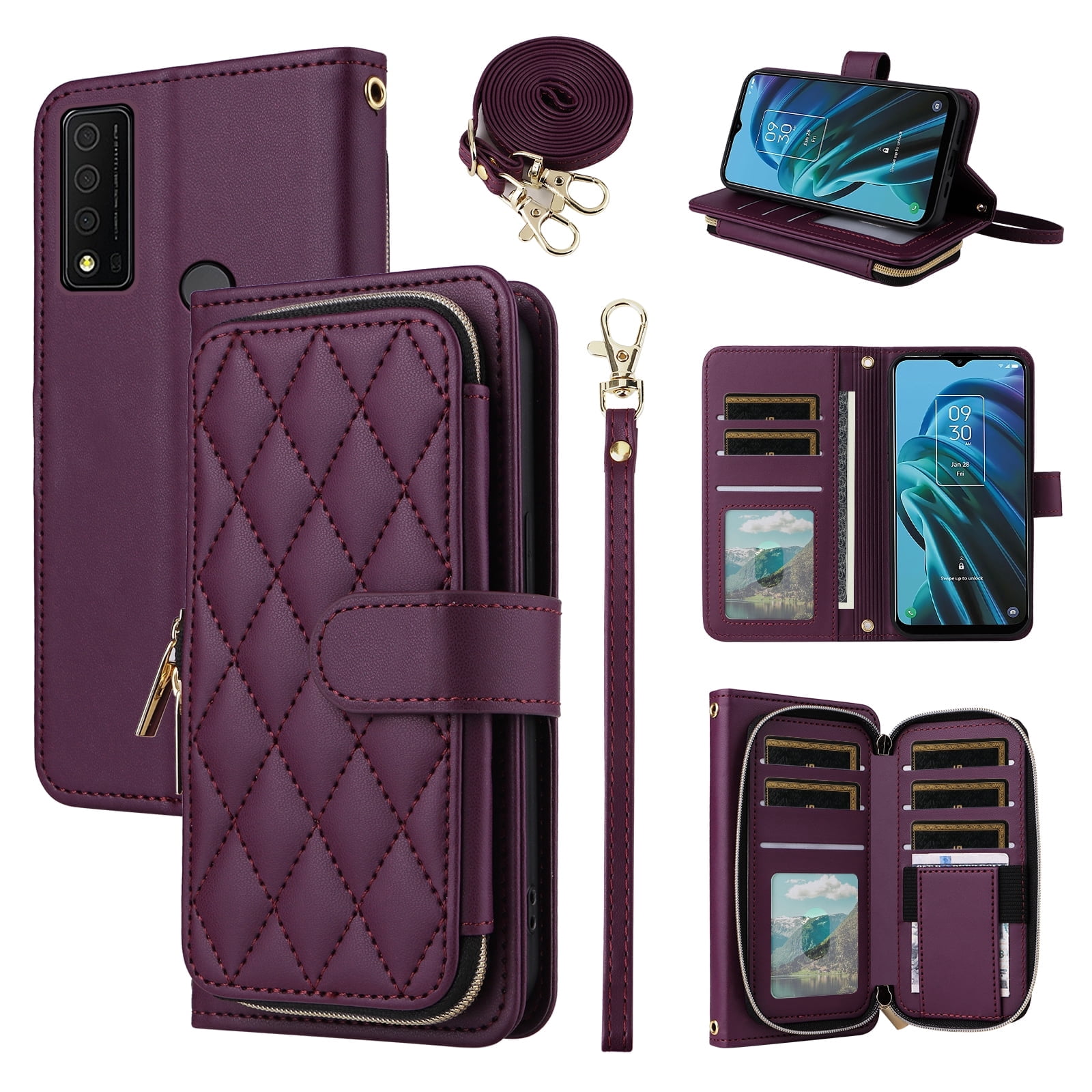 Furiet Argyle Wallet Case for TCL 30XE/30V/4X/20AX/20A/20R/Bremen 5G with Wrist/Shoulder Strap Slot Zipper Purse Card Holder Stand Phone Cover for TLC T601DL 30 XE XE5G V 20 AX R A 6.67 Deep Purple