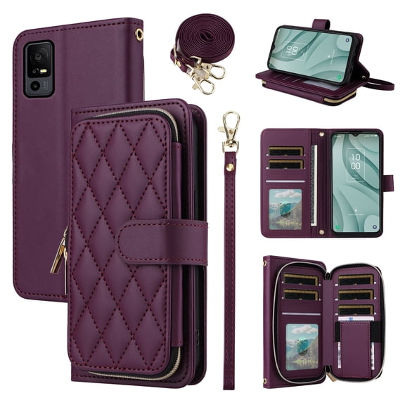 Furiet Argyle Wallet Case for TCL 40 XE 5G/40 X with Wrist/Shoulder Strap, Card Slot Zipper Purse Luxury PU Leather Card Holder Stand Phone Cover for 40XE5G 40XE EX T609DL 40X T609M Women Deep Purple