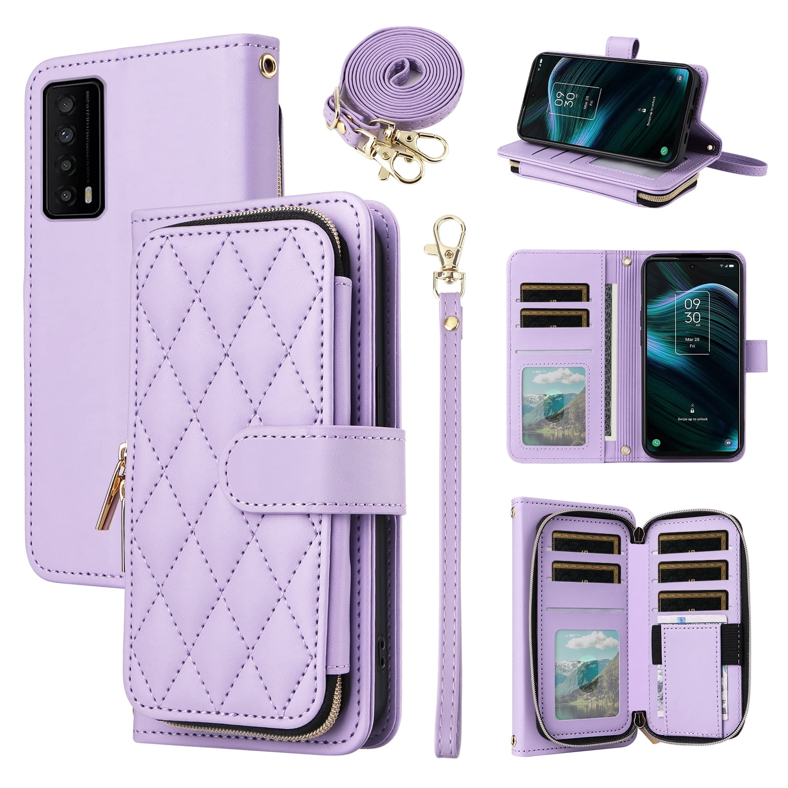 Furiet Argyle Wallet Case for TCL Stylus 5G 2022 with Wrist/Shoulder Strap Slots Zipper Purse Luxury PU Leather Card Holder Stand Checkered Cell Phone Cover for TLC Stylo G5 6.81 T779W Purple