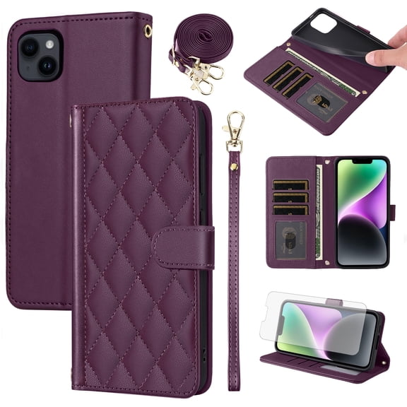 Furiet Argyle Wallet Case for i Phone15 i15 15Case with Tempered Glass Screen Protector Wrist Strap Shoulder Strap Card Slot Phone Cover for iPhone15 5G A2846 Fifteen 15s iohone Women Men Deep Purple