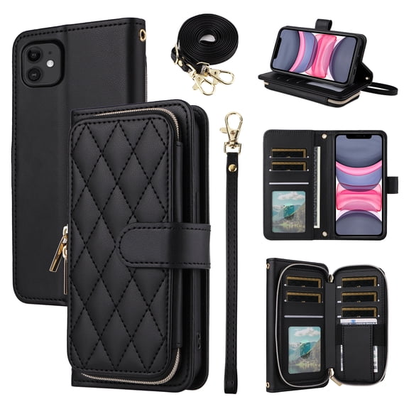Furiet Argyle Wallet Case for iPhone 11 6.1 with Wrist Strap Shoulder Strap Card Slots Zipper Purse Luxury PU Leather Stand Cell Phone Cover for iphone11case iPhone11 i Phone11 11s XI 11R Black