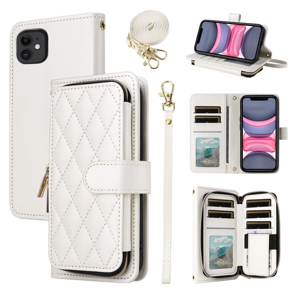Furiet Argyle Wallet Case for iPhone 12 Mini 5.4 with Wrist Strap Shoulder Strap, Card Slot Zipper Purse Stand Checkered Cell Phone Cover for iPhone12mini 5G i 12s iPhone12 12mini Girls White