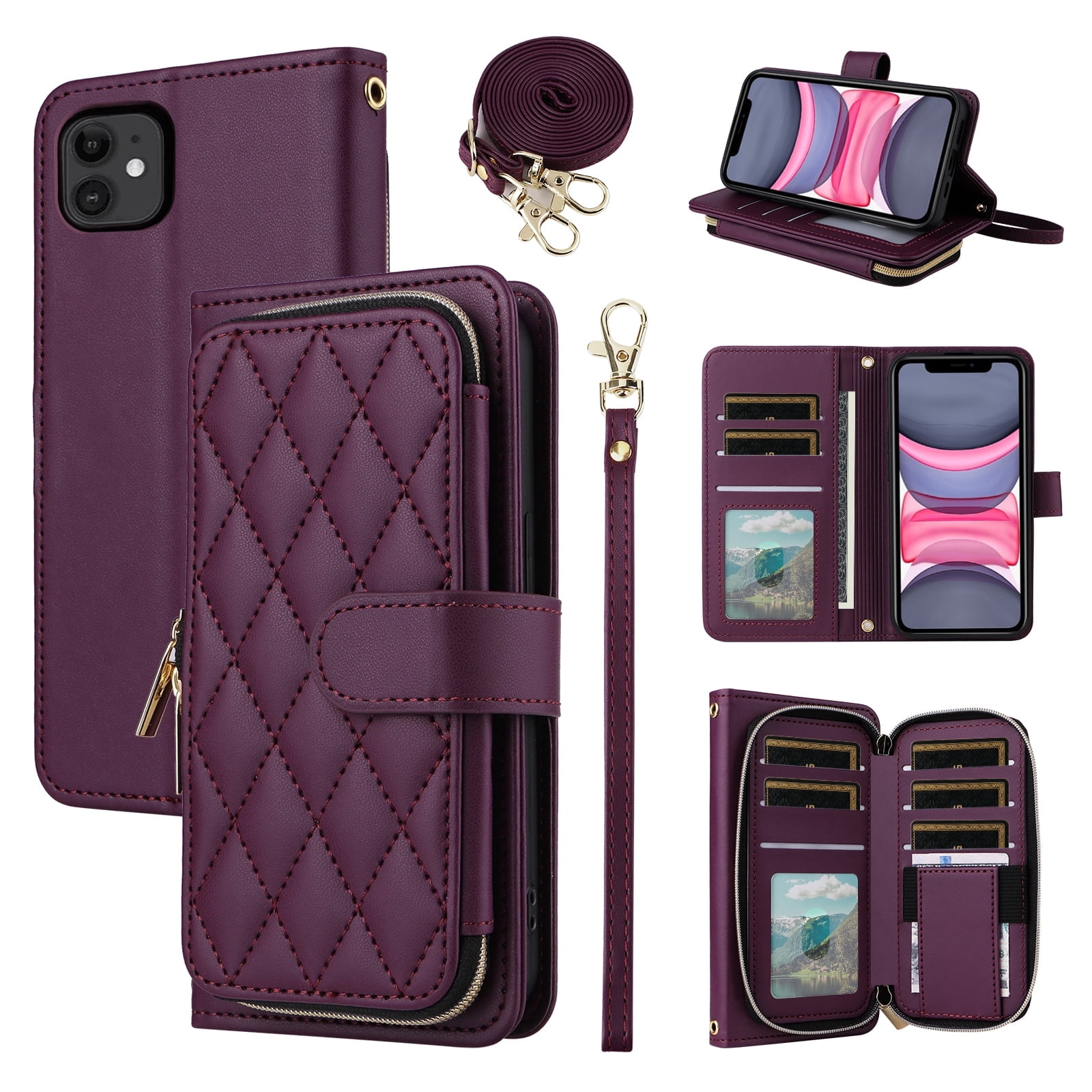 Furiet Argyle Wallet Case for iPhone 12 Mini 5.4 with Wrist Strap Shoulder Strap, Card Slot Zipper Purse Stand Checkered Cell Phone Cover for iPhone12mini 5G i 12s iPhone12 12mini Girls Deep Purple