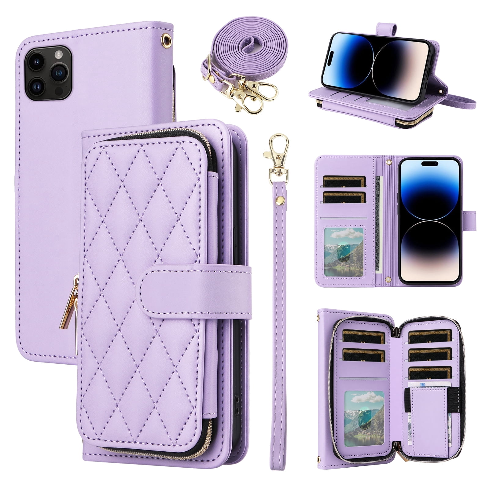 Furiet Argyle Wallet Case for iPhone 12 Pro Max 6.7 with Wrist Strap Shoulder Strap, Card Slot Zipper Purse Stand Cell Phone Cover for iPhone12promax 5G i 12s Plus iPhone12 12pro Promax Purple