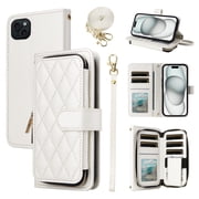 Furiet Argyle Wallet Case for iPhone 13 6.1 inch with Wrist Strap Shoulder Strap Flip Zipper Purse, Card Slot Stand Checkered Cell Phone Cover for iPhone13 5G i i-Phone i13 iPhone13case White