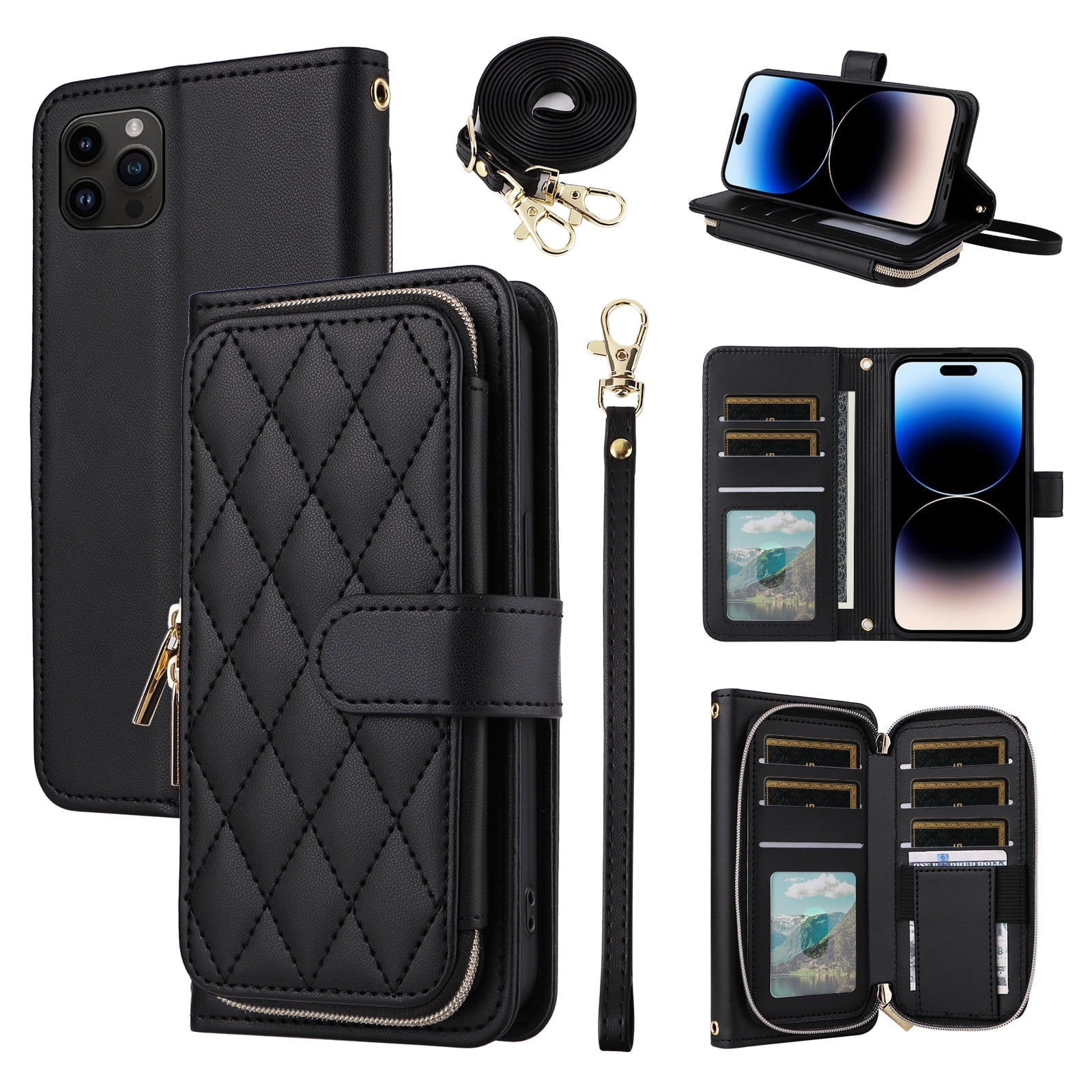 Furiet Argyle Wallet Case for iPhone 13 6.1 inch with Wrist Strap Shoulder Strap Flip Zipper Purse, Card Slot Stand Checkered Cell Phone Cover for iPhone13 5G i i-Phone i13 iPhone13case Black