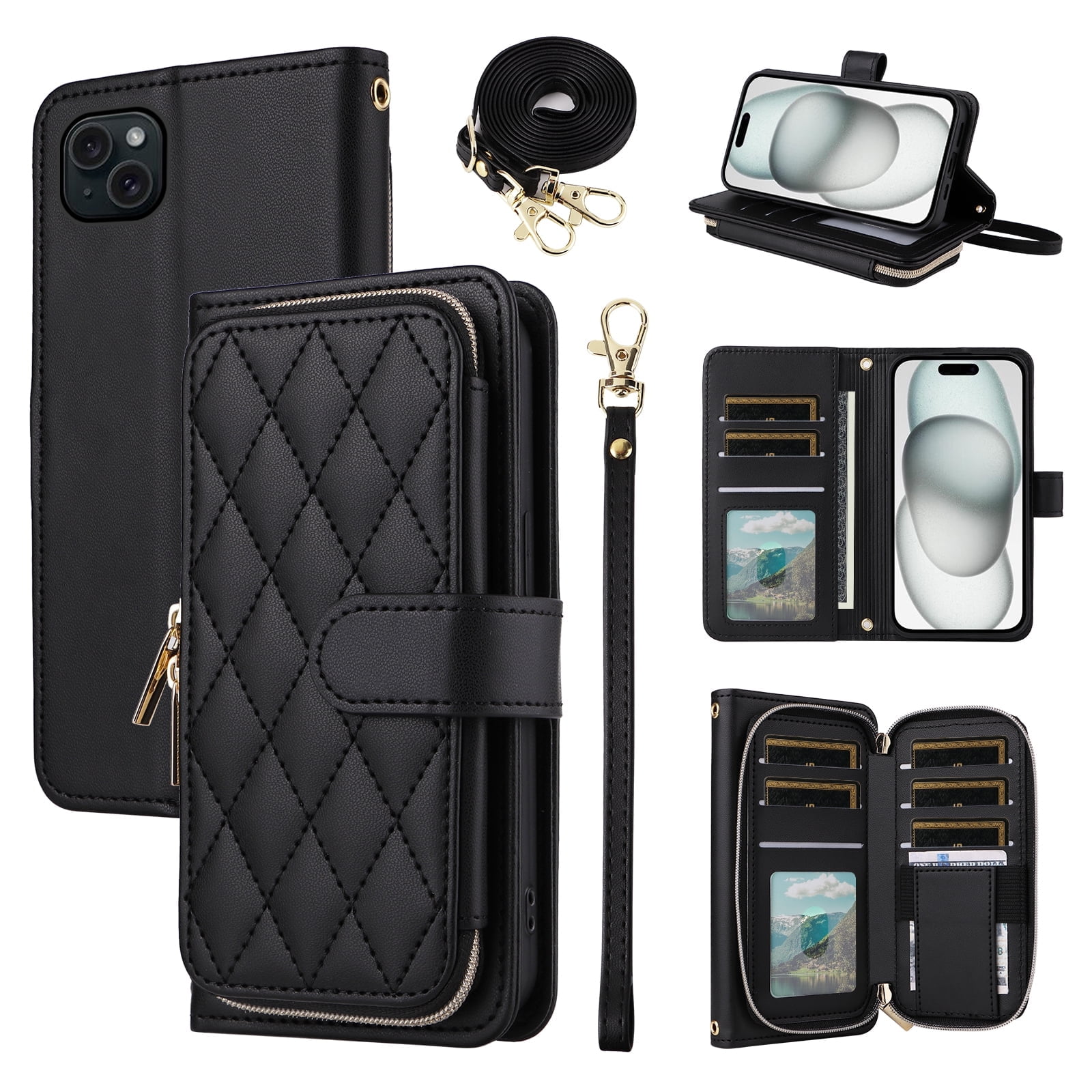 Furiet Argyle Wallet Case for iPhone 13 Mini 5.4 inch with Wrist Strap Shoulder Strap Card Slots Zipper Purse Stand Cell Phone Cover for iPhone13mini i-Phone 13minicase i iPhone13 13mini Black