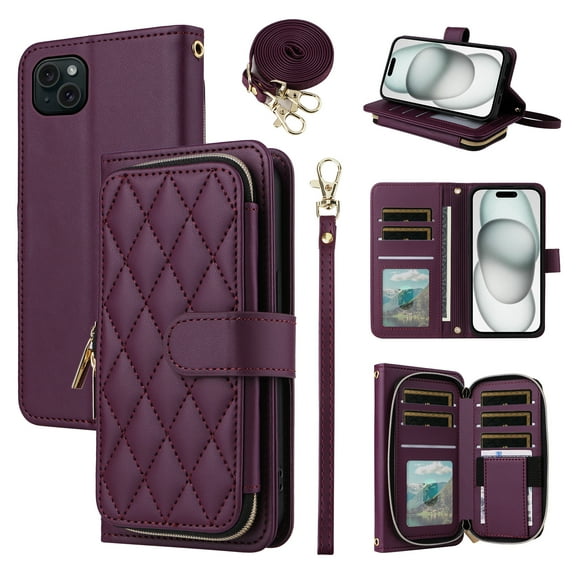 Furiet Argyle Wallet Case for iPhone 13 Mini 5.4 inch with Wrist Strap Shoulder Strap Card Slots Zipper Purse Stand Cell Phone Cover for iPhone13mini i-Phone 13minicase i iPhone13 13mini Deep Purple