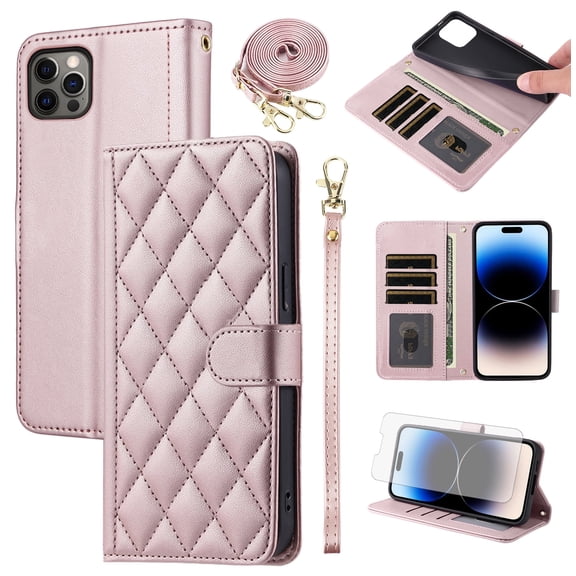 Furiet Argyle Wallet Case for iPhone 14 Pro 6.1 inch with Tempered Glass Screen Protector Wrist/Shoulder Strap, Card Slots Phone Cover for iPhone14Pro 5G i i-Phone i14 iPhone14 4 14Pro Rose Gold