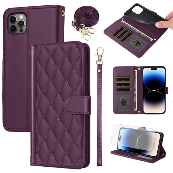 Furiet Argyle Wallet Case for iPhone 14 Pro Max 6.7 inch with Tempered Glass Screen Wrist/Shoulder Strap, Card Slots Phone Cover for iPhone14promax 5G i Phone14Max Plus iPhone14 ProMax Deep Purple