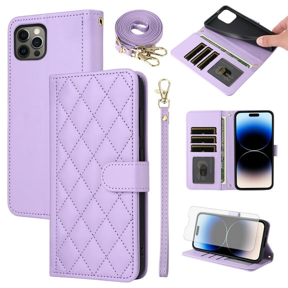 Furiet Argyle Wallet Case for iPhone 14 Pro Max 6.7 inch with Tempered Glass Screen Wrist Strap Shoulder Strap, Card Slots Phone Cover for iPhone14promax 5G i Phone14Max Plus iPhone14 ProMax Purple