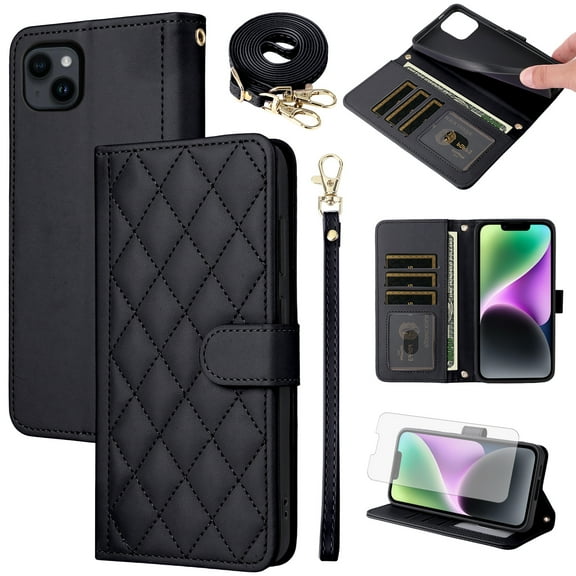 Furiet Argyle Wallet Case for iPhone 15 Plus 6.7 inch with Tempered Glass Screen Protector Wrist Strap Shoulder Strap, Card Slots Stand Phone Cover for i Phone15 15  i15   15Plus Women Men Black