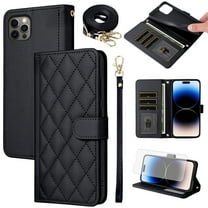 Furiet Argyle Wallet Case for iPhone 15 Pro Max 6.7 inch with Tempered Glass Screen Protector Wrist Strap Shoulder Strap, Card Slots Stand Phone Cover for i Phone15 15Pro i15 ProMax 15ProMax Black