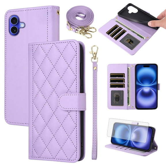 Furiet Argyle Wallet Case for iPhone 16 Plus 6.7 inch with Tempered Glass Screen Protector Wrist Strap Shoulder Strap, Card Slots Stand Phone Cover for i Phone16 16 i16 16Plus Women Men Purple