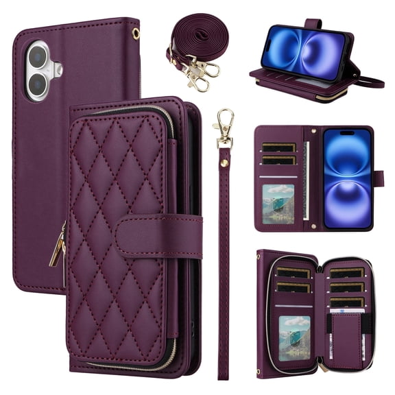 Furiet Argyle Wallet Case for iPhone 17 6.3 inch with Wrist/Shoulder Strap, Card Slots Zipper Purse Luxury PU Leather Stand Checkered Cell Phone Cover for i Phone17 i17 17Case Women Girls Deep Purple
