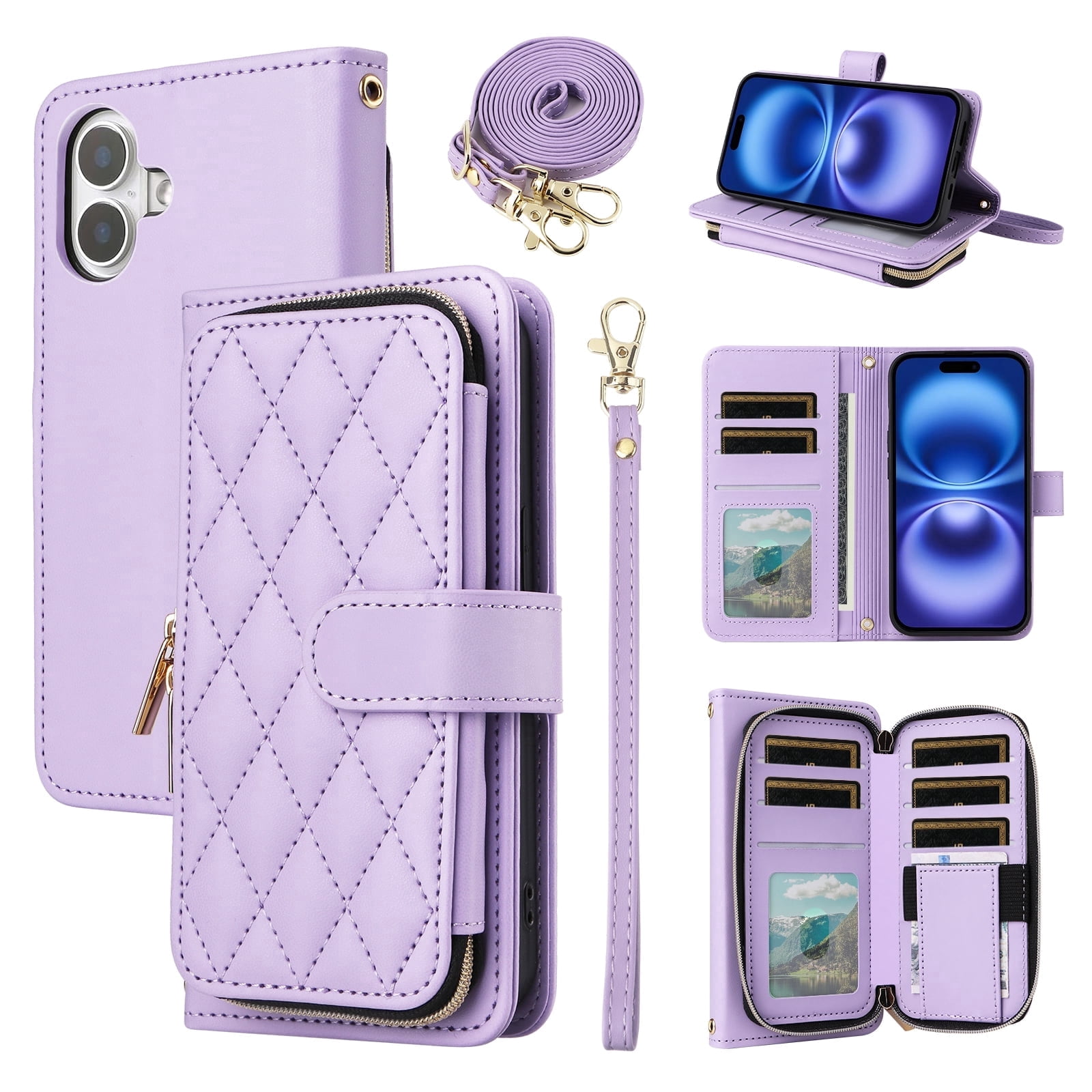 Furiet Argyle Wallet Case for iPhone 17 6.3 inch with Wrist/Shoulder Strap, Card Slots Zipper Purse Luxury PU Leather Stand Checkered Cell Phone Cover for i Phone17 i17 17Case Women Girls Purple
