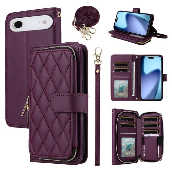 Furiet Argyle Wallet Case for iPhone 17 Air 6.5 inch & Wrist/Shoulder Strap, Card Slots Zipper Purse Luxury PU Leather Stand Checkered Cell Phone Cover for i Phone17 i17 17Air Women Girls Deep Purple